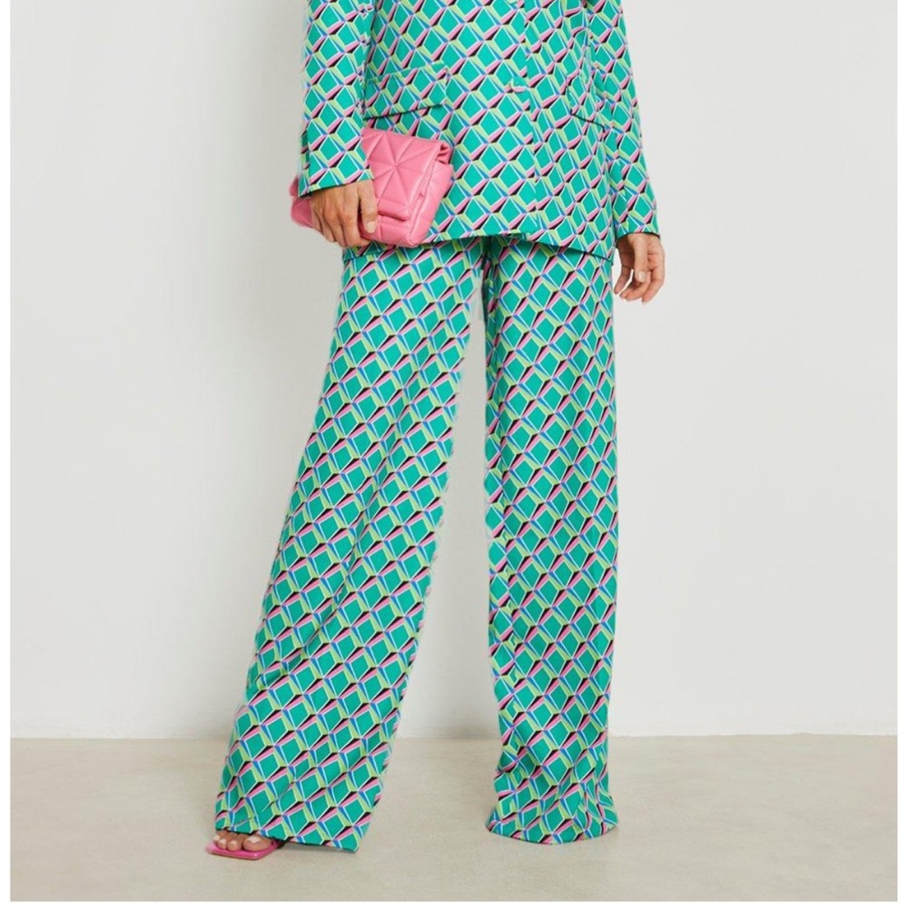 Boohoo Teal and Pink Geometric Women's High Waist Trouser Pant